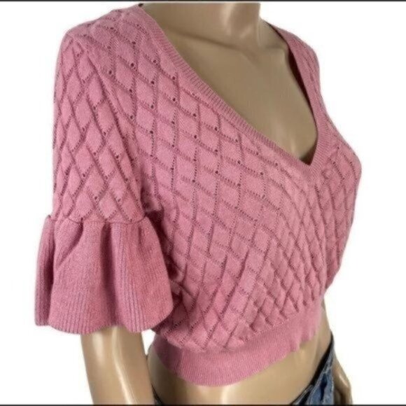 Revolve Tularosa Pink V-Neck Crop top dusty Rose flutter sleeve Sweater medium - Picture 3 of 8